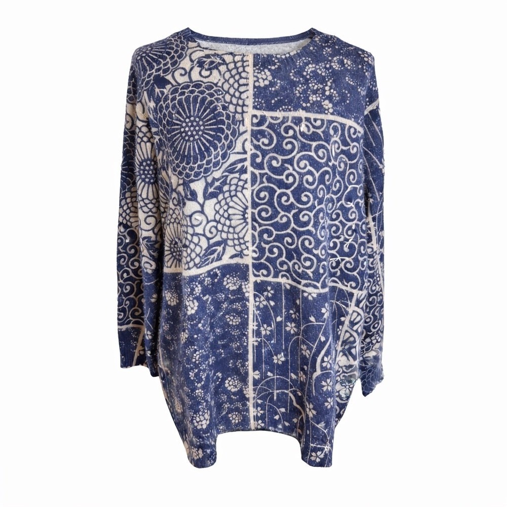 Blue White Patchwork Japanese Floral Print Oversized Knit Sweater Tunic L/XL